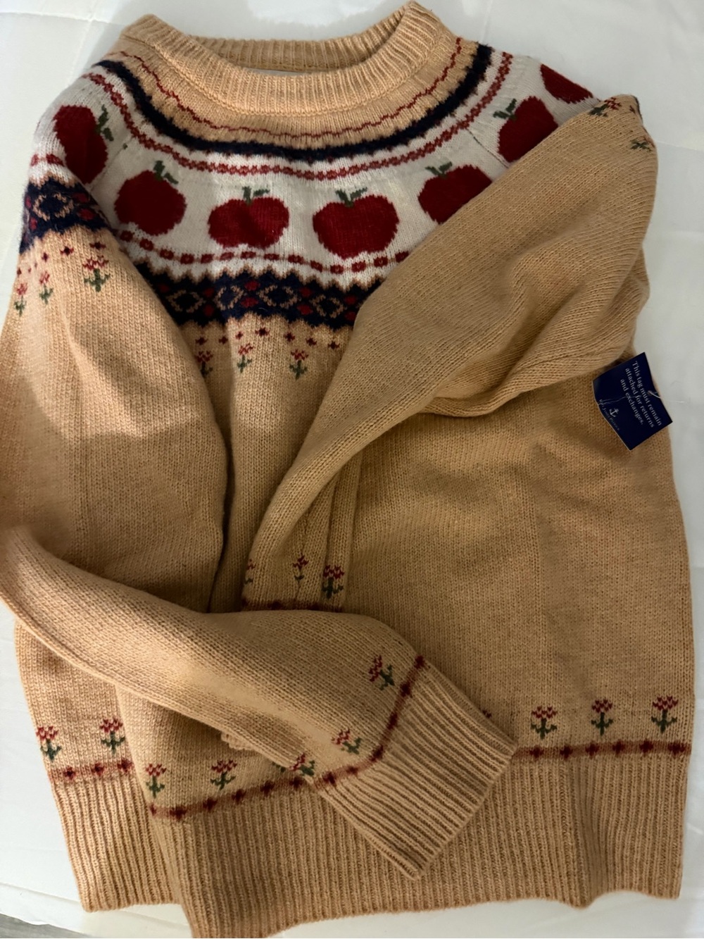 KJP Kiel James Patrick Fair Isle Wool Sweater Apple Beige with Red Accents sz MD
